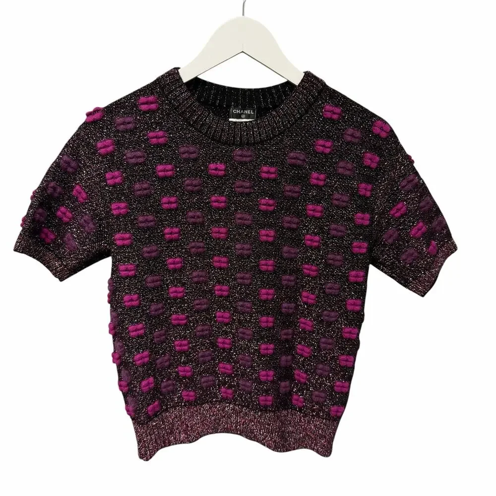 Chanel 2014 Lips Sweater Metallic Mohair Wool Purple Magenta Size 40 / US 8 RARE